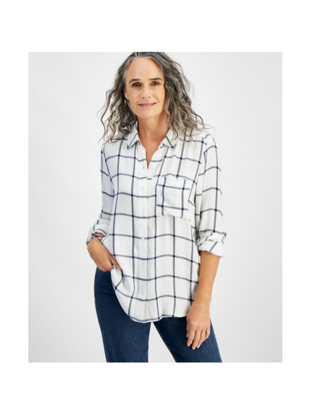 Style & Co Women's Large White Plaid Button-Front Collared Shirt NWT